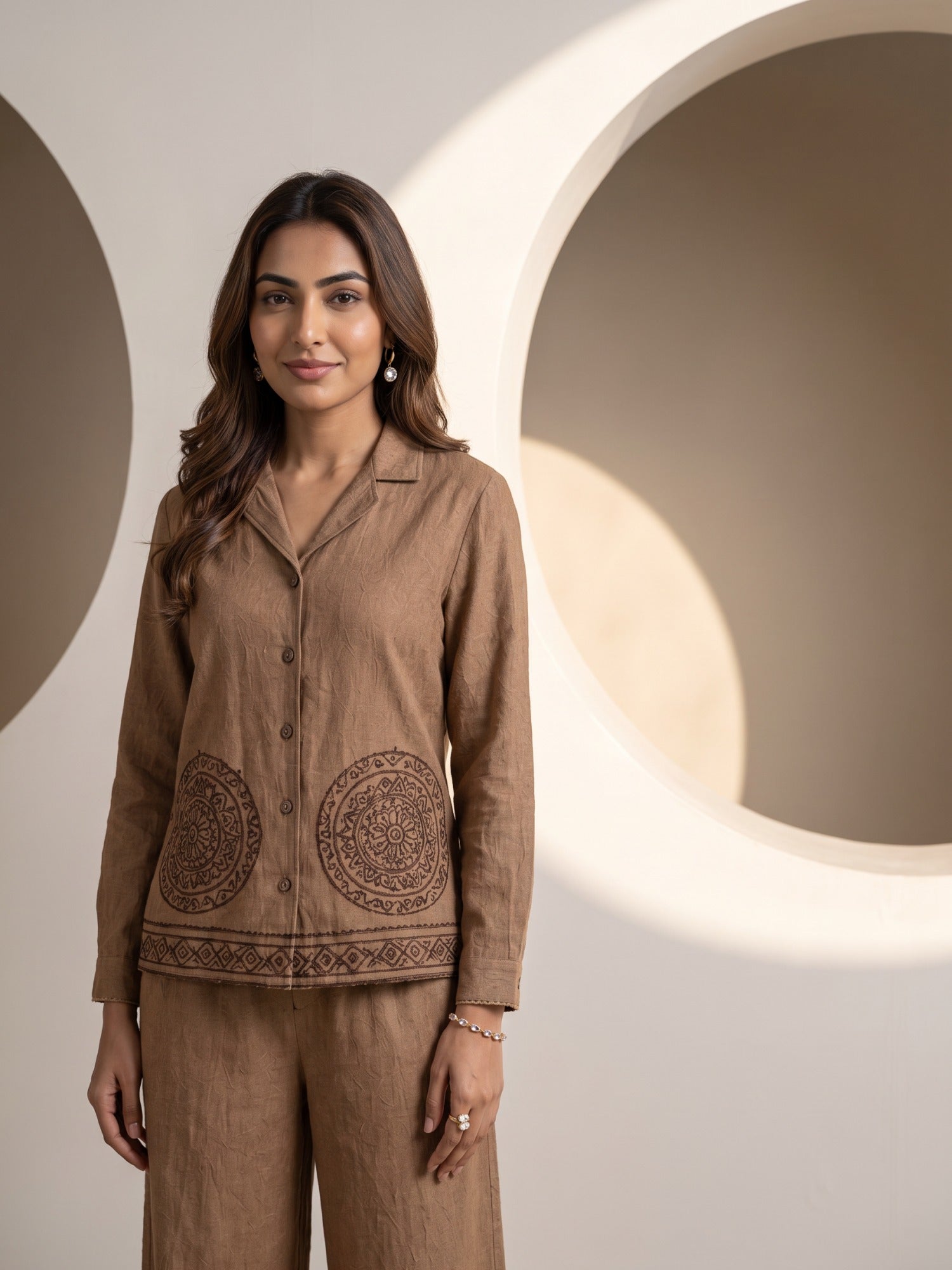 Cocoa Brown Geometric Embroidered Shirt Co-ord Set