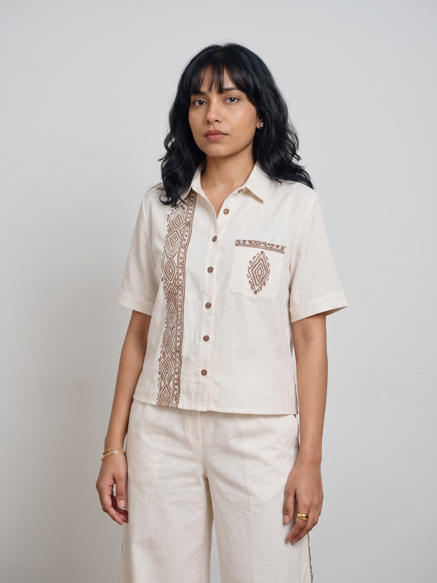 Cream Brown Embroidered Relaxed Two-Piece Co-ord Set
