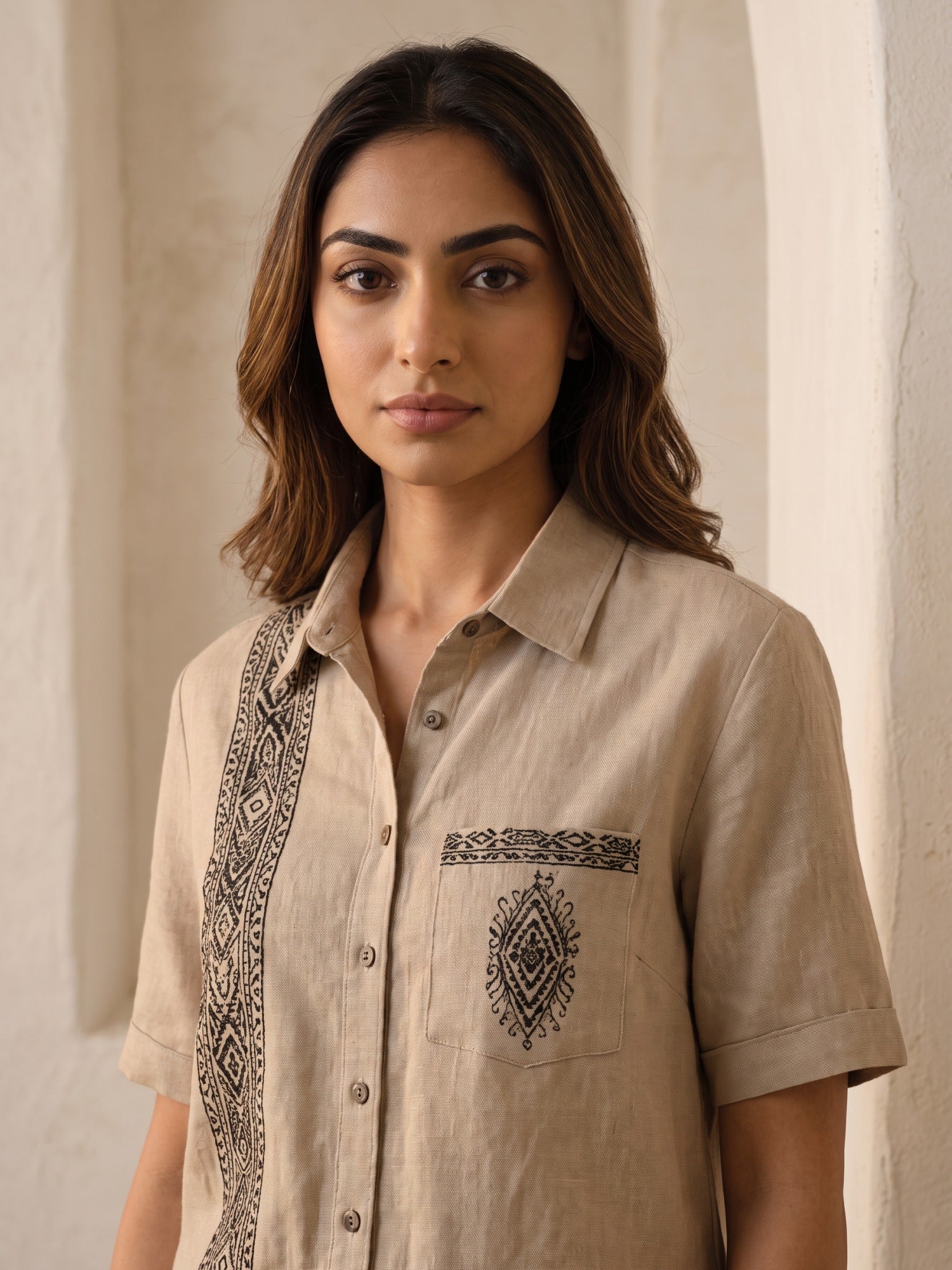 Taupe Brown Embroidered Shirt Trouser Co-ord Set