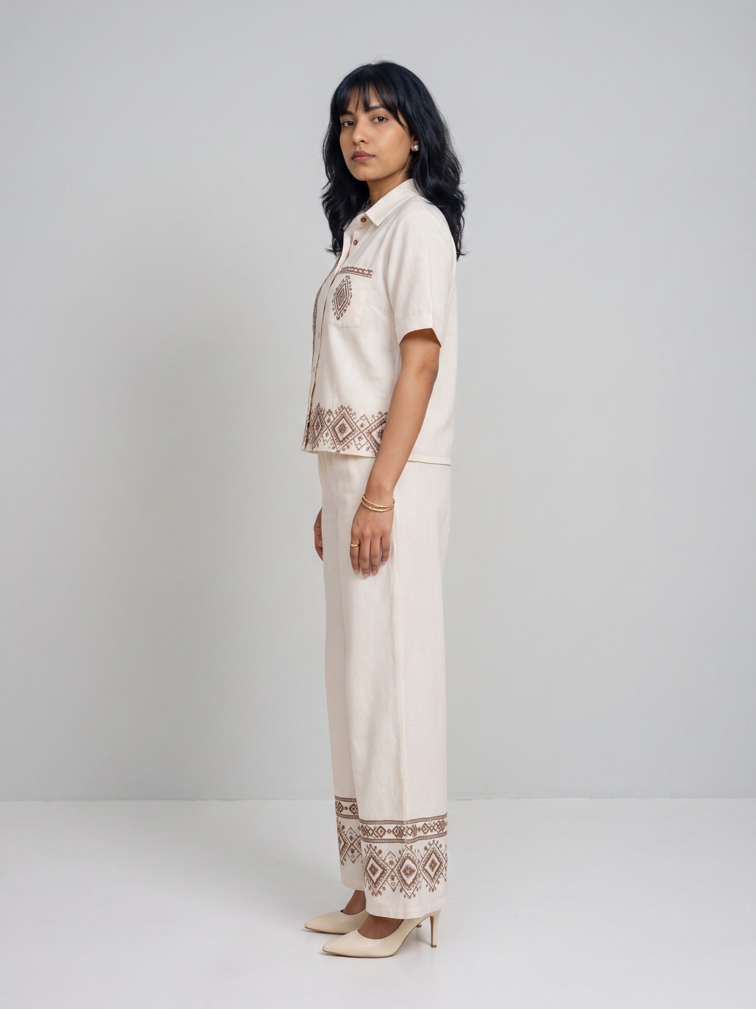 Cream Brown Embroidered Relaxed Two-Piece Co-ord Set