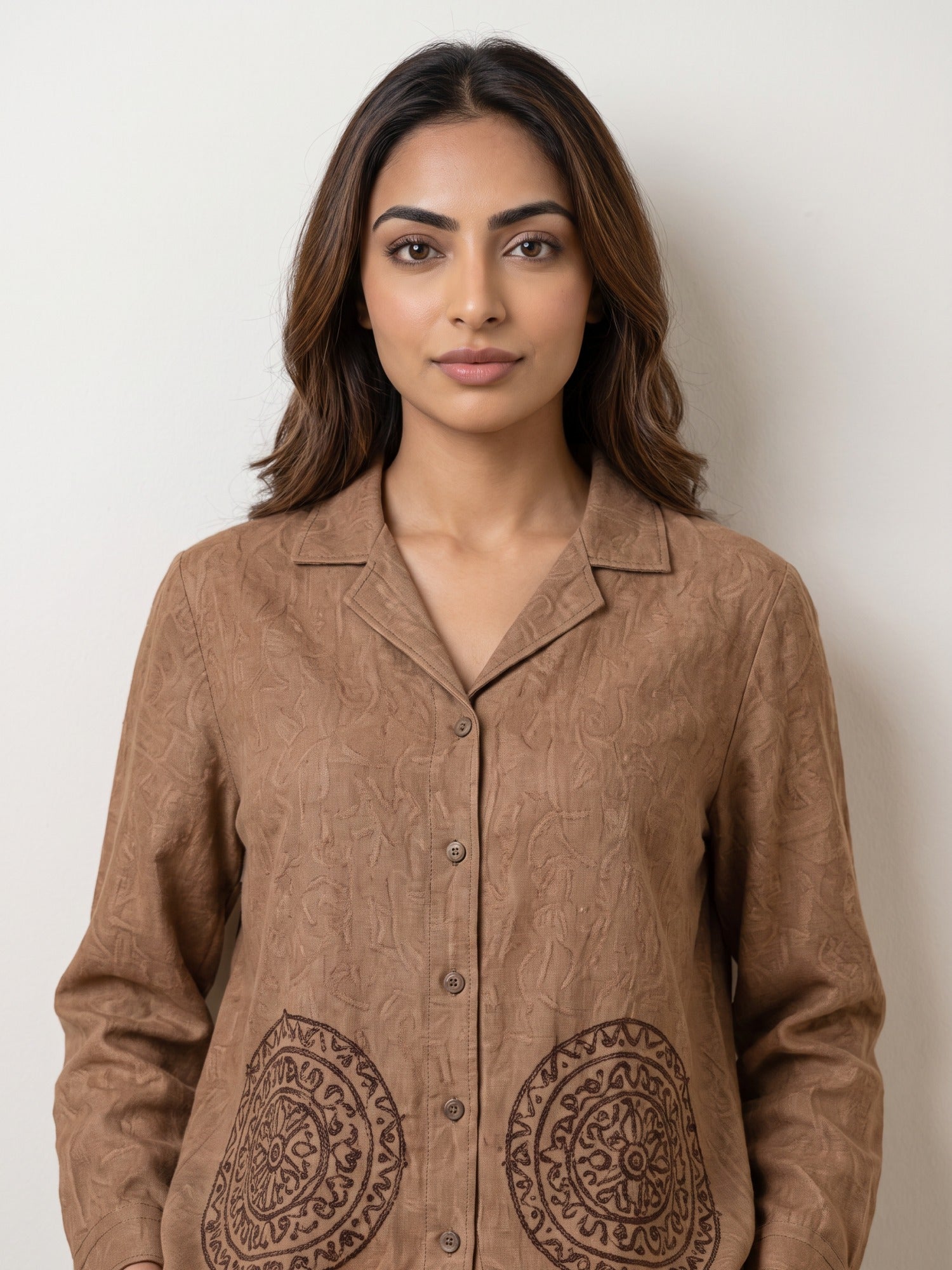Cocoa Brown Geometric Embroidered Shirt Co-ord Set