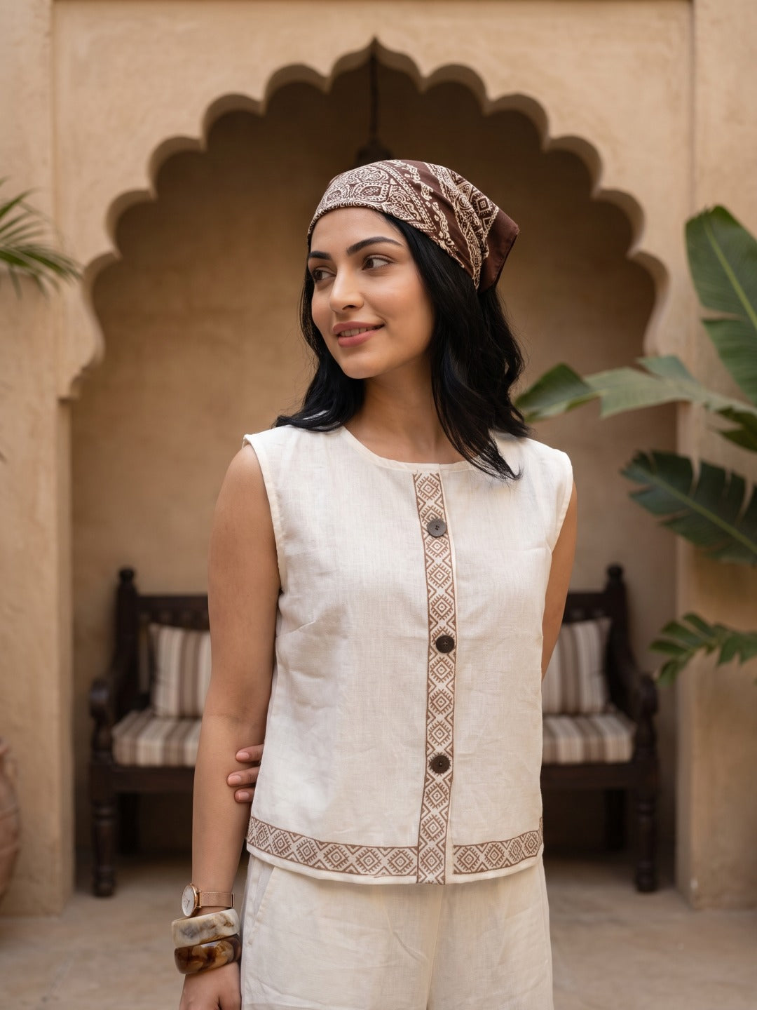 Ivory Brown Embroidered Vest Palazzo Co-ord Set