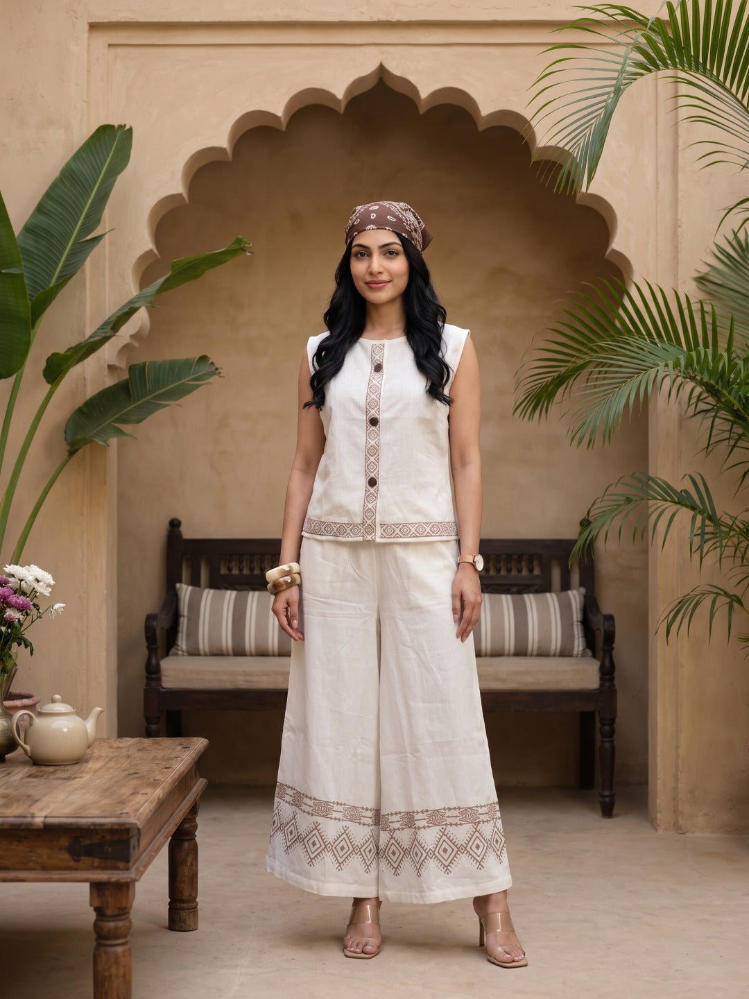 Ivory Brown Embroidered Vest Palazzo Co-ord Set