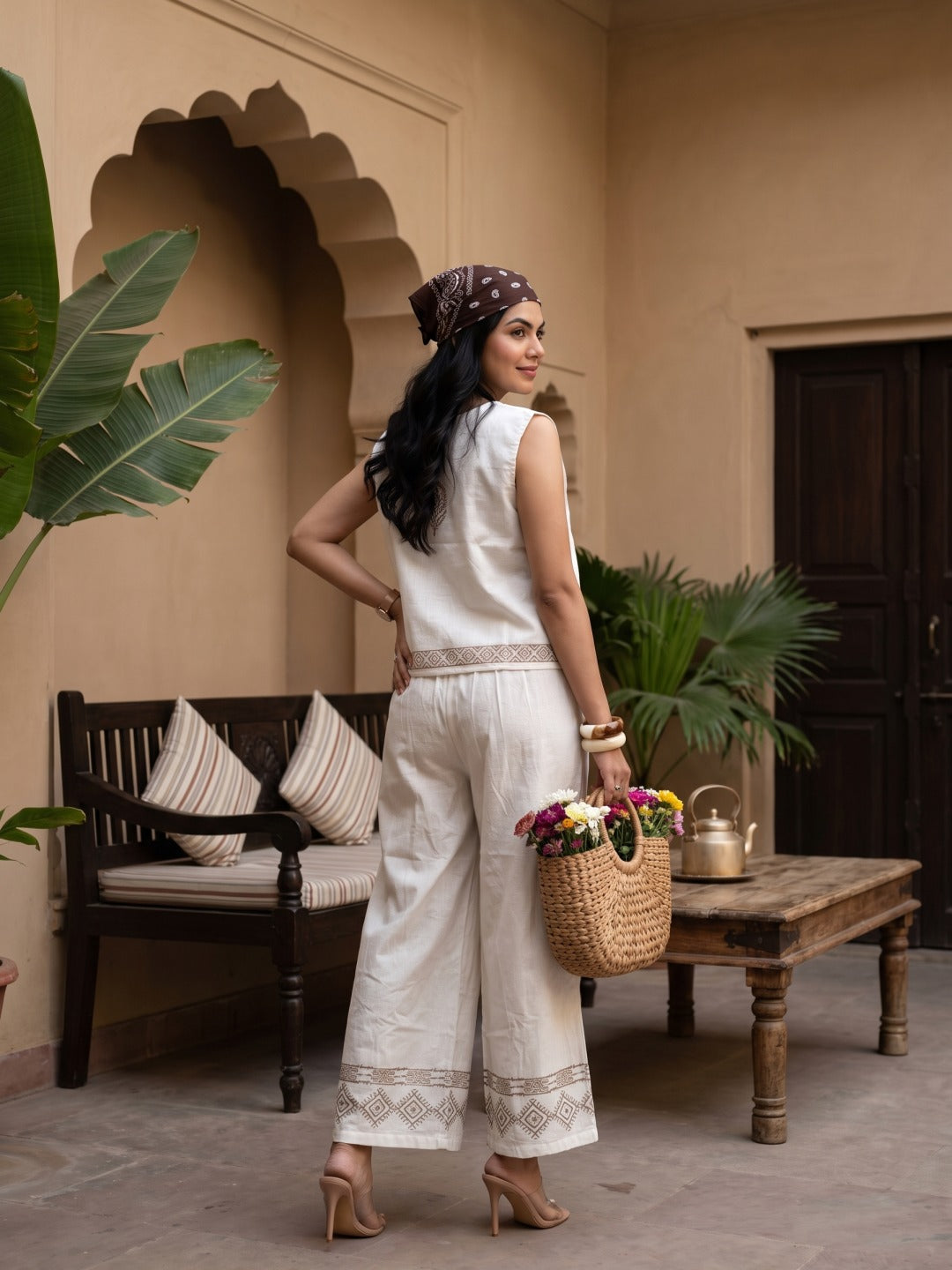 Ivory Brown Embroidered Vest Palazzo Co-ord Set