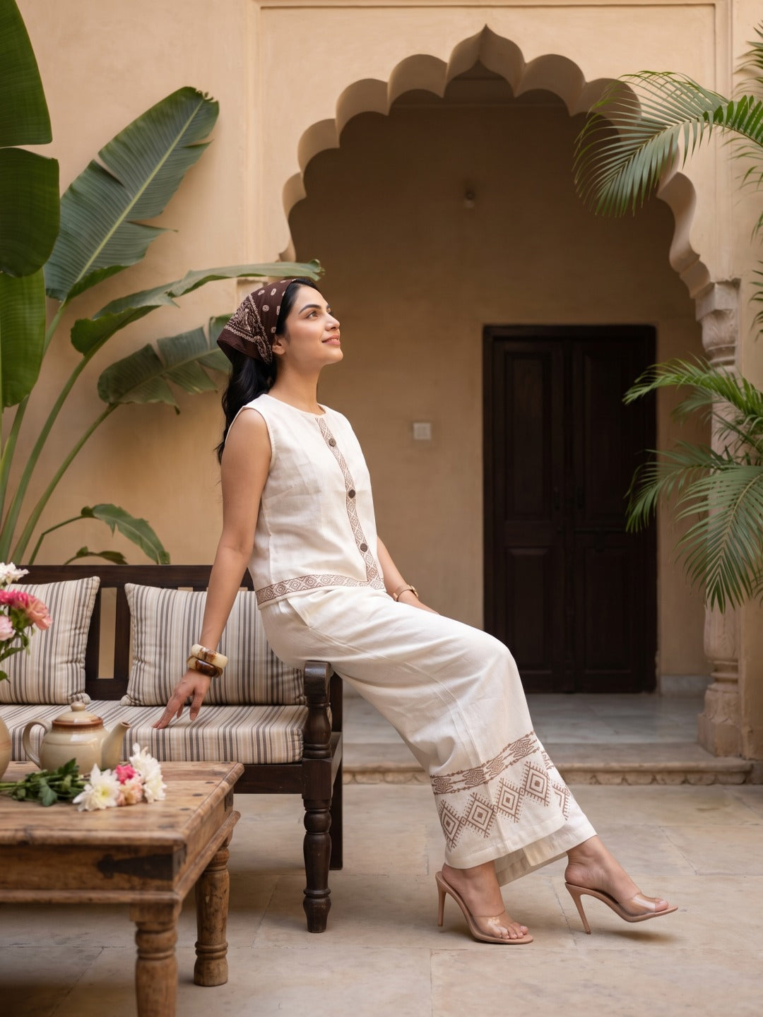 Ivory Brown Embroidered Vest Palazzo Co-ord Set