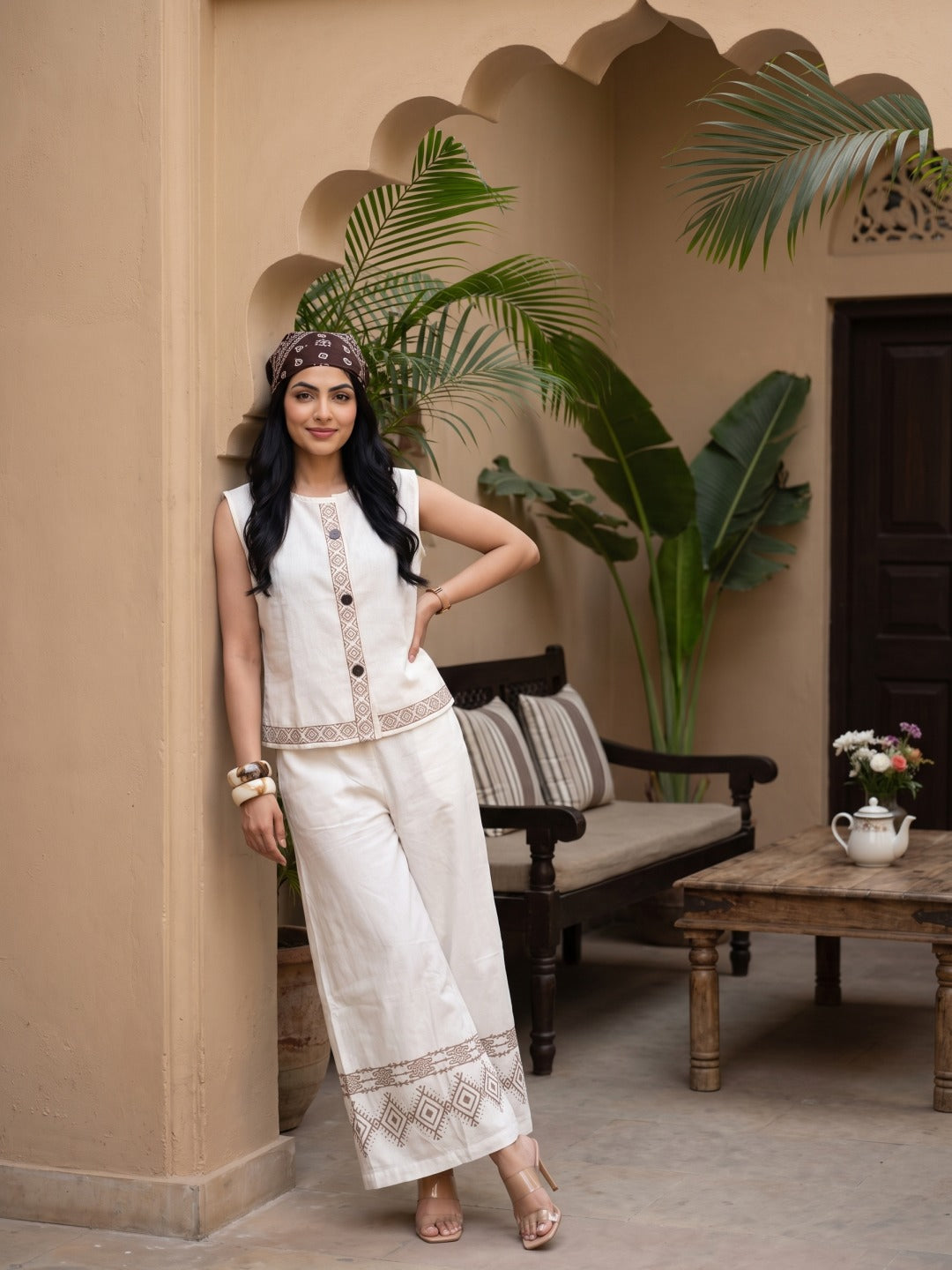 Ivory Brown Embroidered Vest Palazzo Co-ord Set