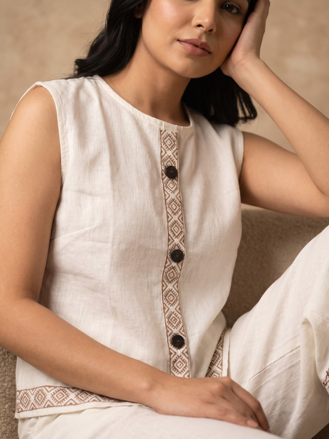 Ivory Brown Embroidered Vest Palazzo Co-ord Set