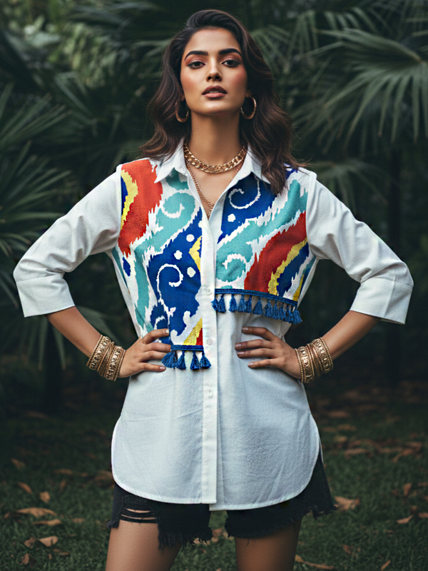Mosaic Wave Embroidered Cotton Shirt