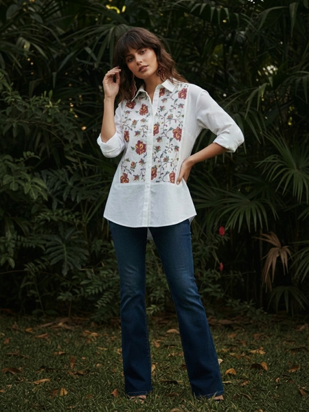 Ivory Bloom Embroidered Cotton Shirt