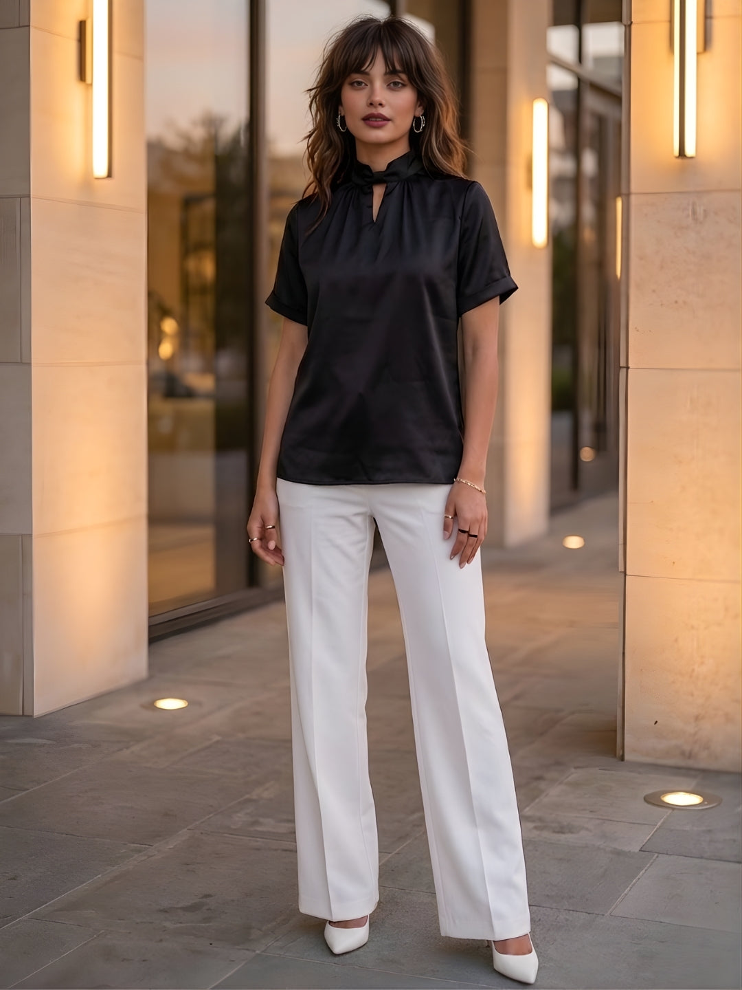 Women's Solid Black Short Sleeve Satin Top