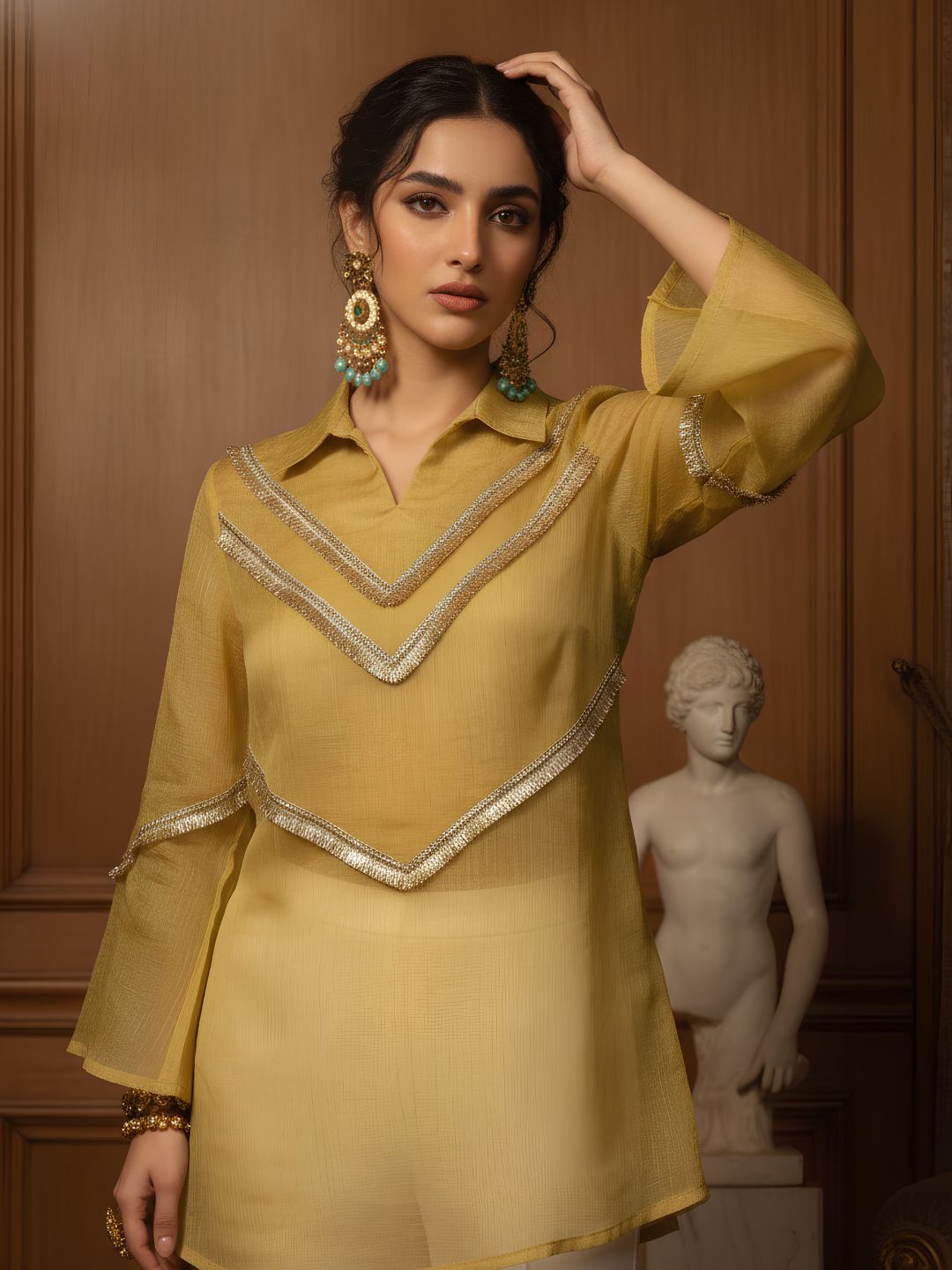 Antique Mustard Chevron Embellished Layered Tunic