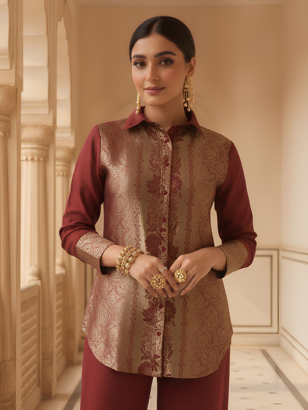 Elegant Maroon Brocade Co-Ord Set for Festive Glamour