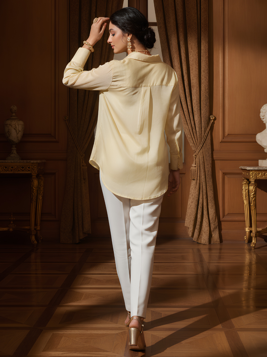 Women's Cream Solid Shirt with Sequin Patch Pockets