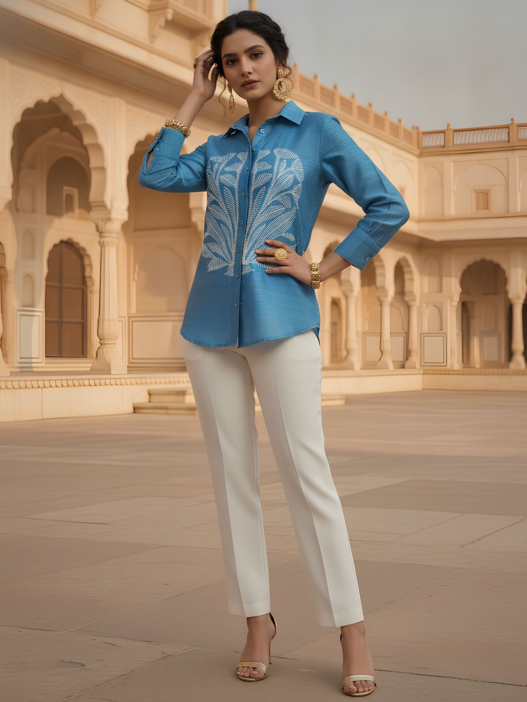 Zolo Label Women Blue Embroidered Shirt Collar Casual Top