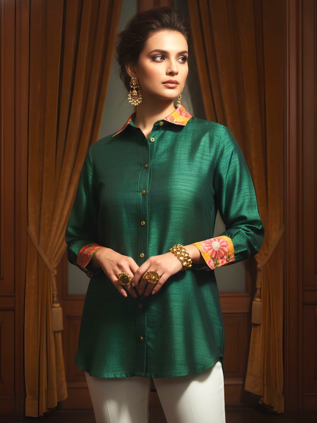 Women's Emerald Green Full Sleeve Shirt with Printed Collar