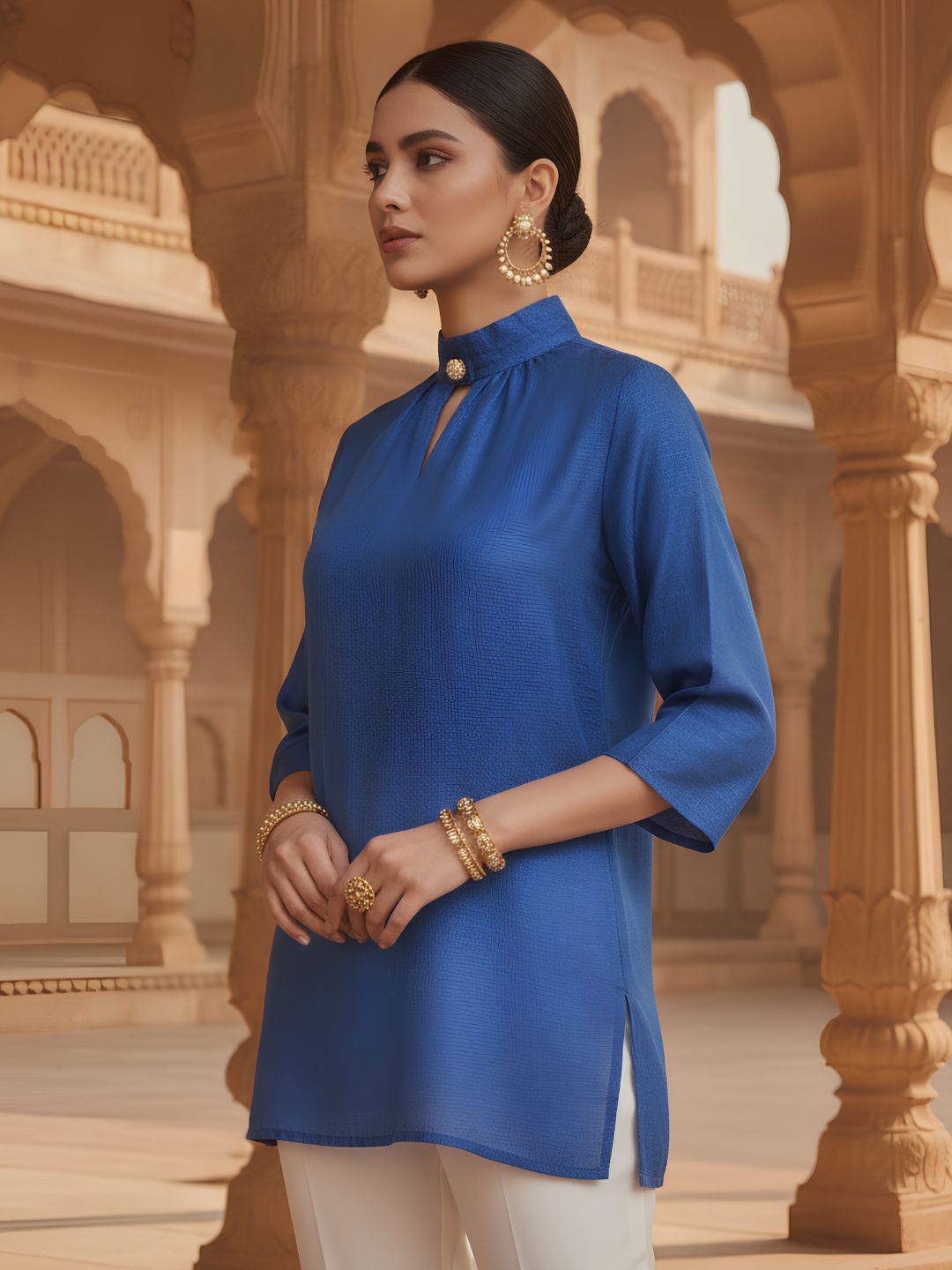 Women's Royal Blue Solid High Neck Longline Top