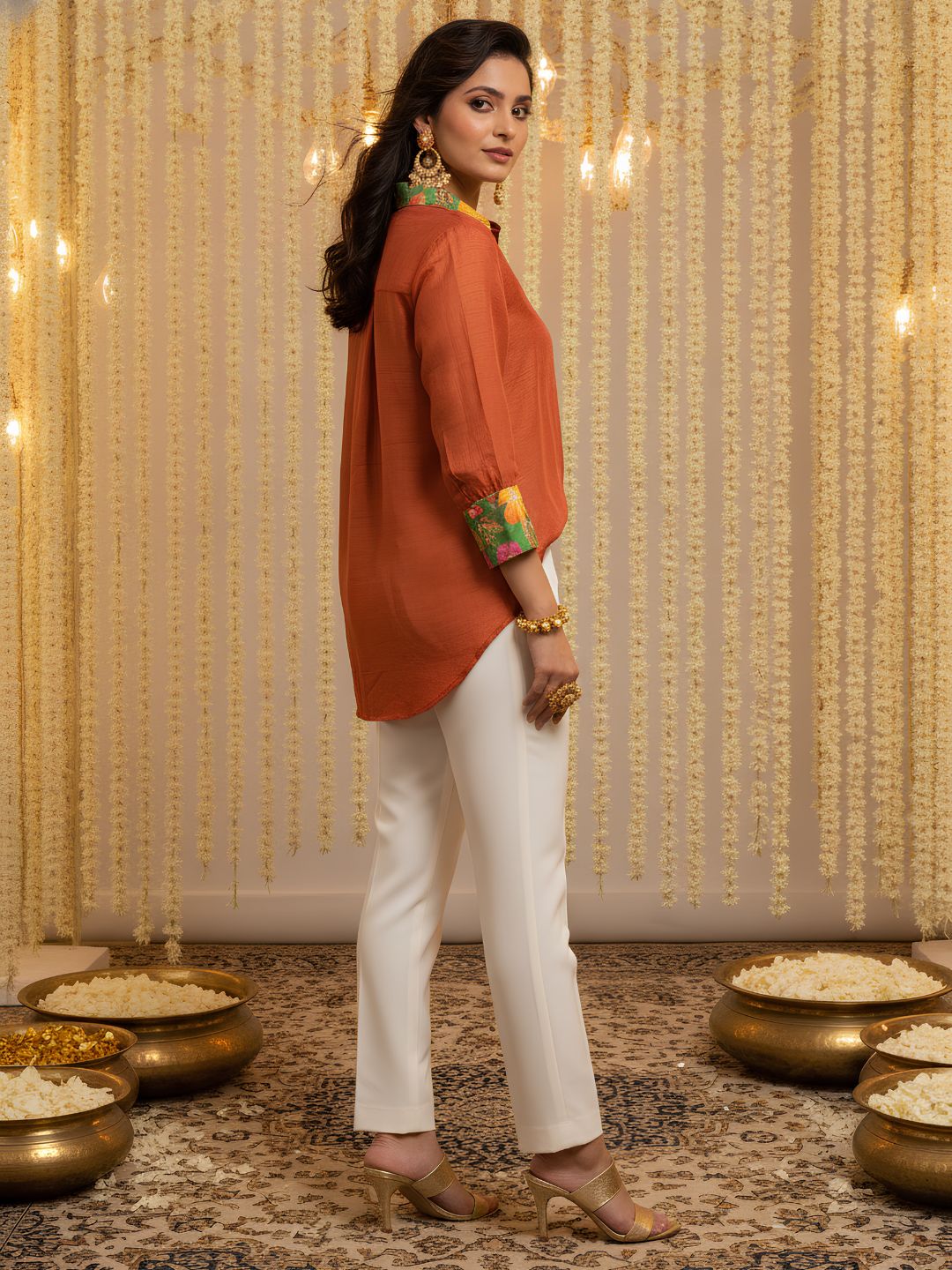 Women's Solid Rust Orange Button-Down Shirt with Printed Collar