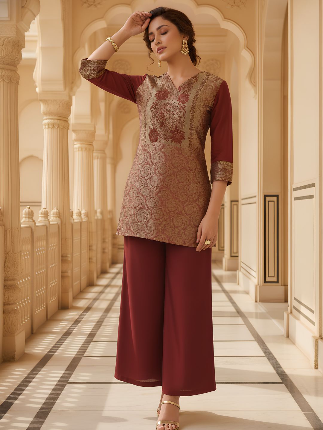 Elegant Maroon Brocade Co-Ord Set for Women
