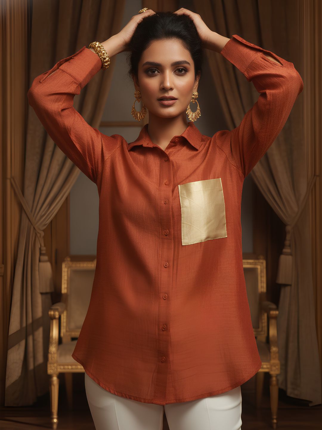 Rust Gold Pocket Premium Satin Casual Shirt