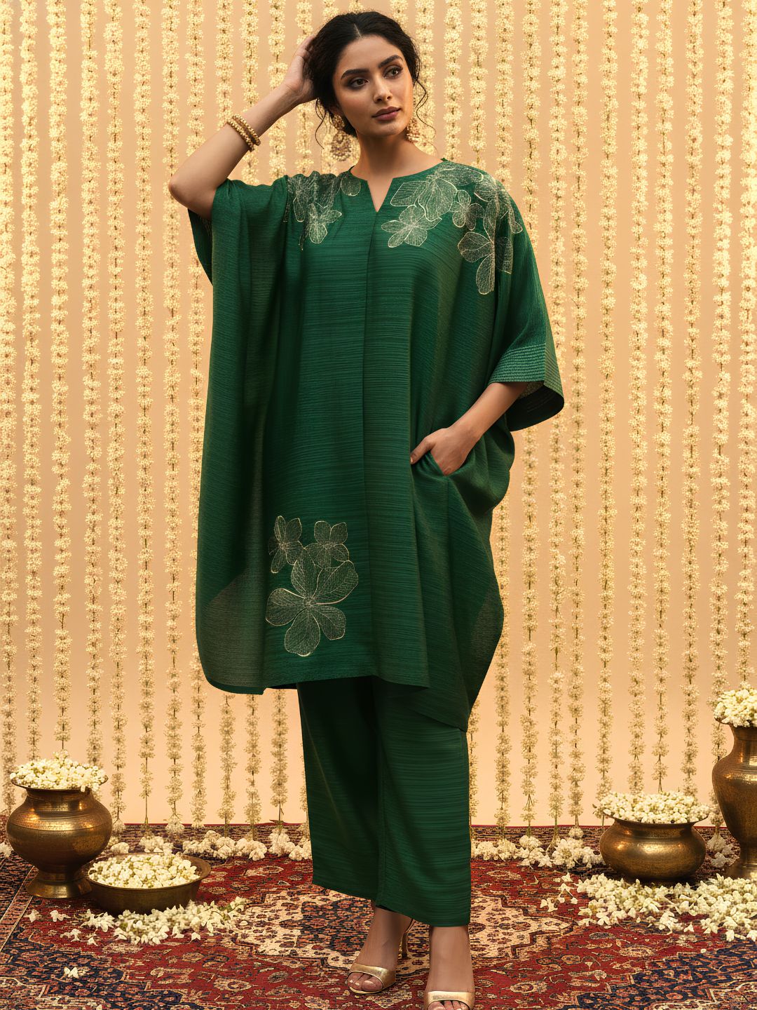 Elegant Emerald Green Embroidered Co-Ord Set for Women