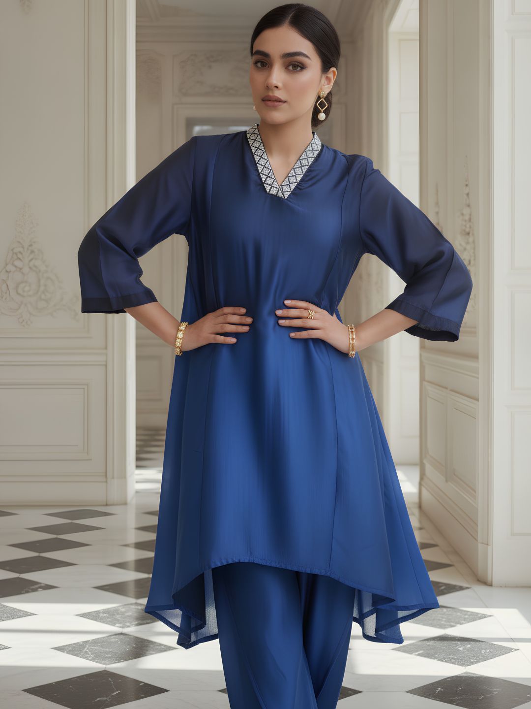 Elegant Royal Blue High-Low Co-Ord Set for Women