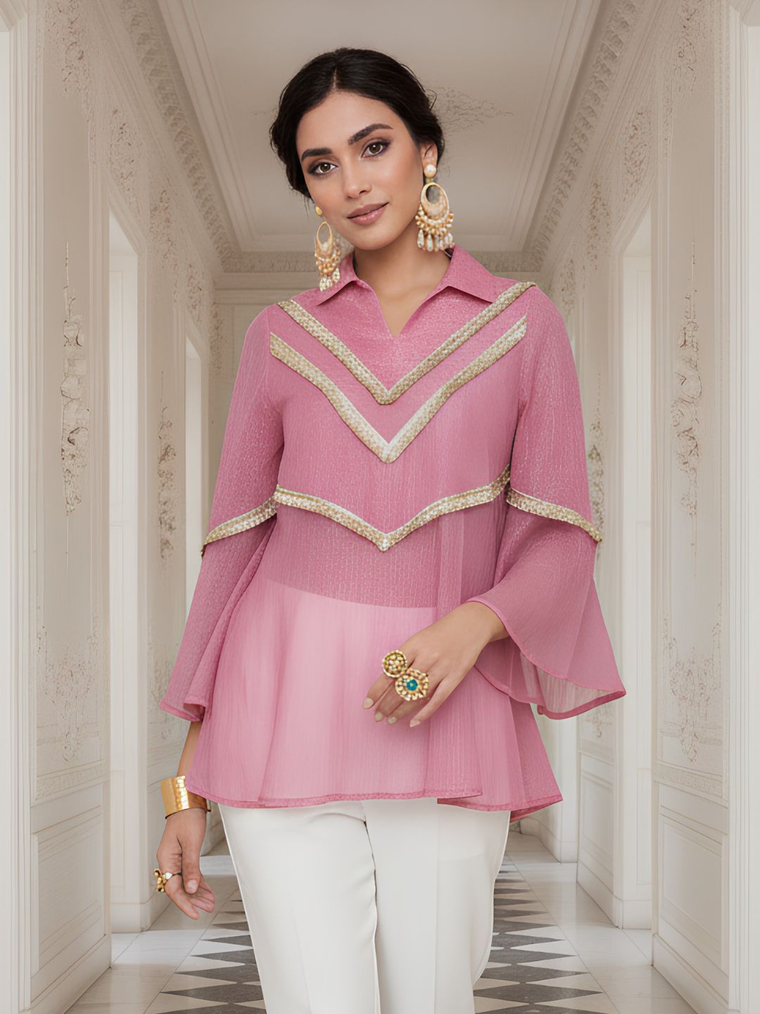 Women's Pink Embroidered Bell Sleeve Peplum Top