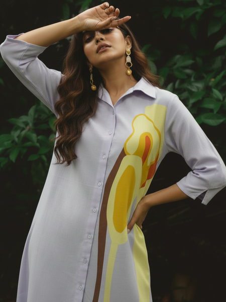 Elegant Printed Cotton Shirt Dress with Collar Neck