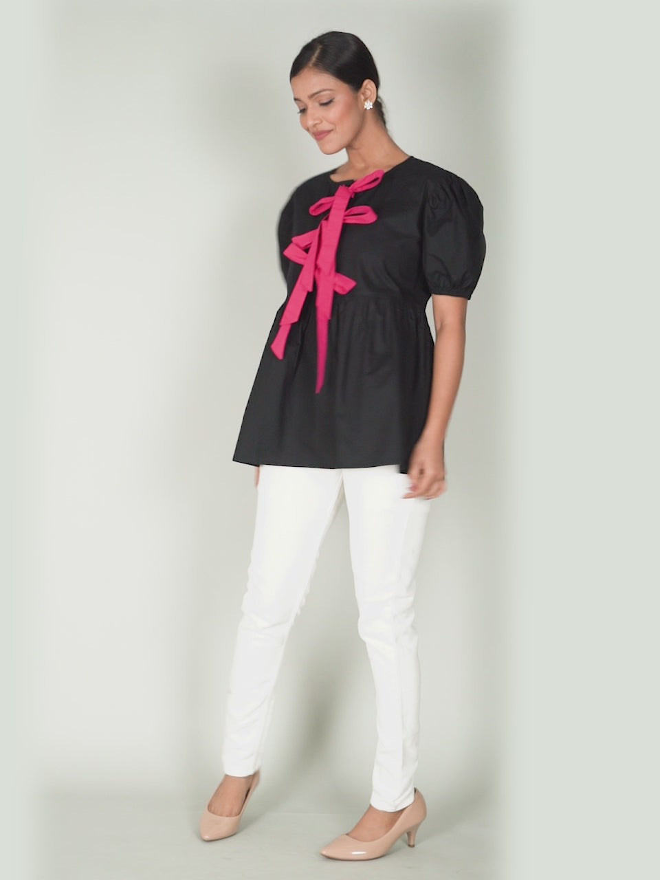 Midnight Bow-Detail Cotton Top