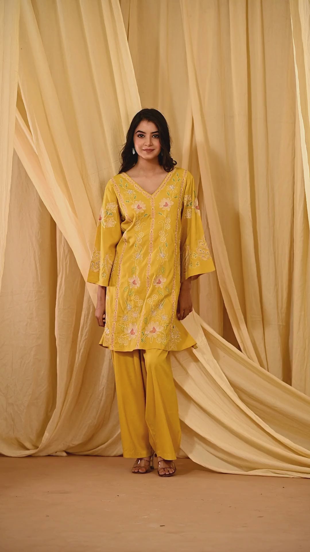 Mustard Embroidered Rayon Co-ord Set with V-Neck Straight Top
