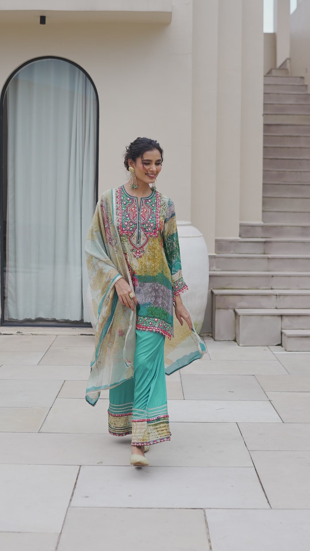 Blue Mal Chandri Embroidered Anarkali Sharara Set with Printed Cotton Dupatta