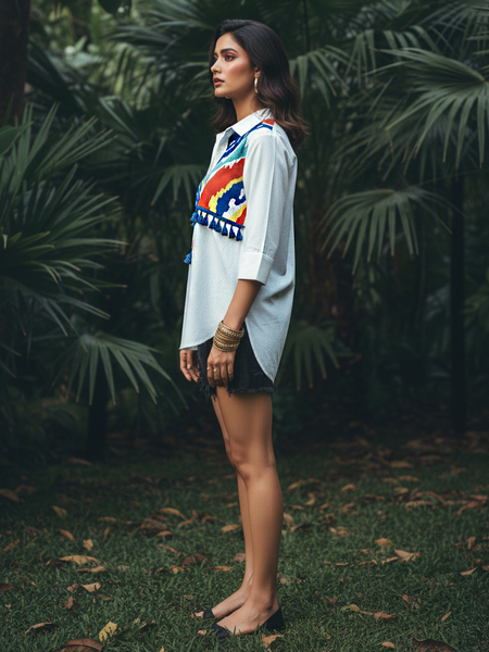 Mosaic Wave Embroidered Cotton Shirt