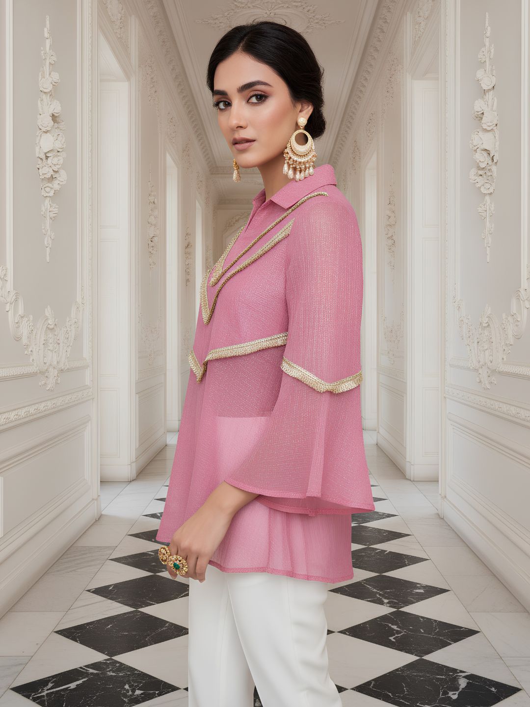 Women's Pink Embroidered Bell Sleeve Peplum Top