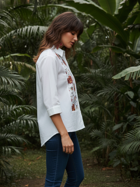 Ivory Bloom Embroidered Cotton Shirt