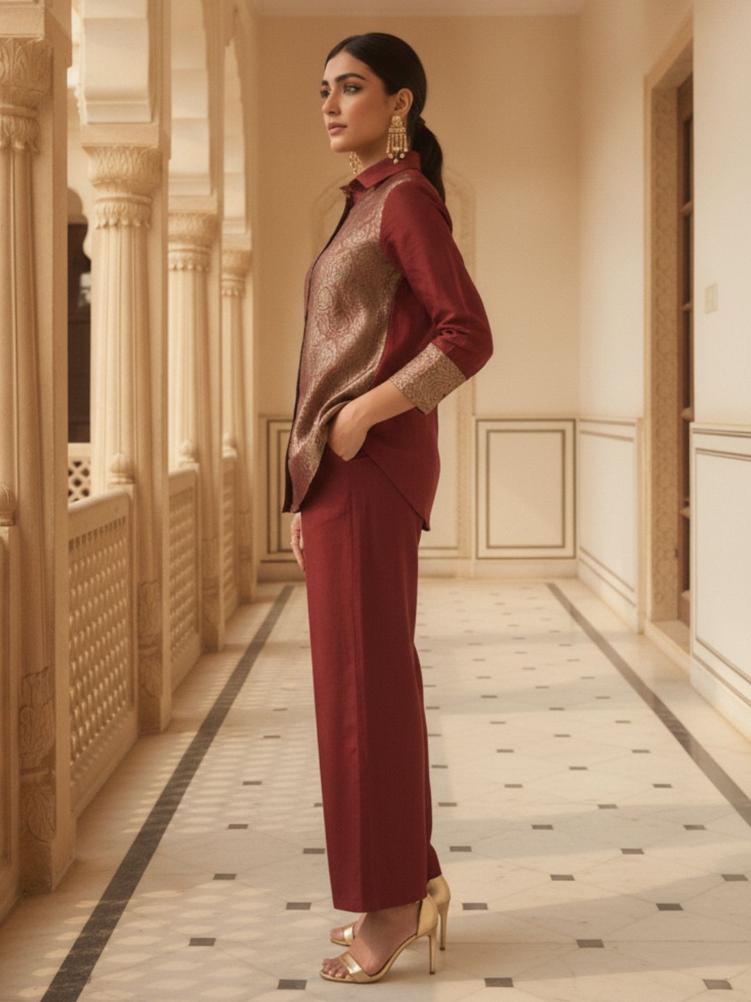 Elegant Maroon Brocade Co-Ord Set for Festive Glamour