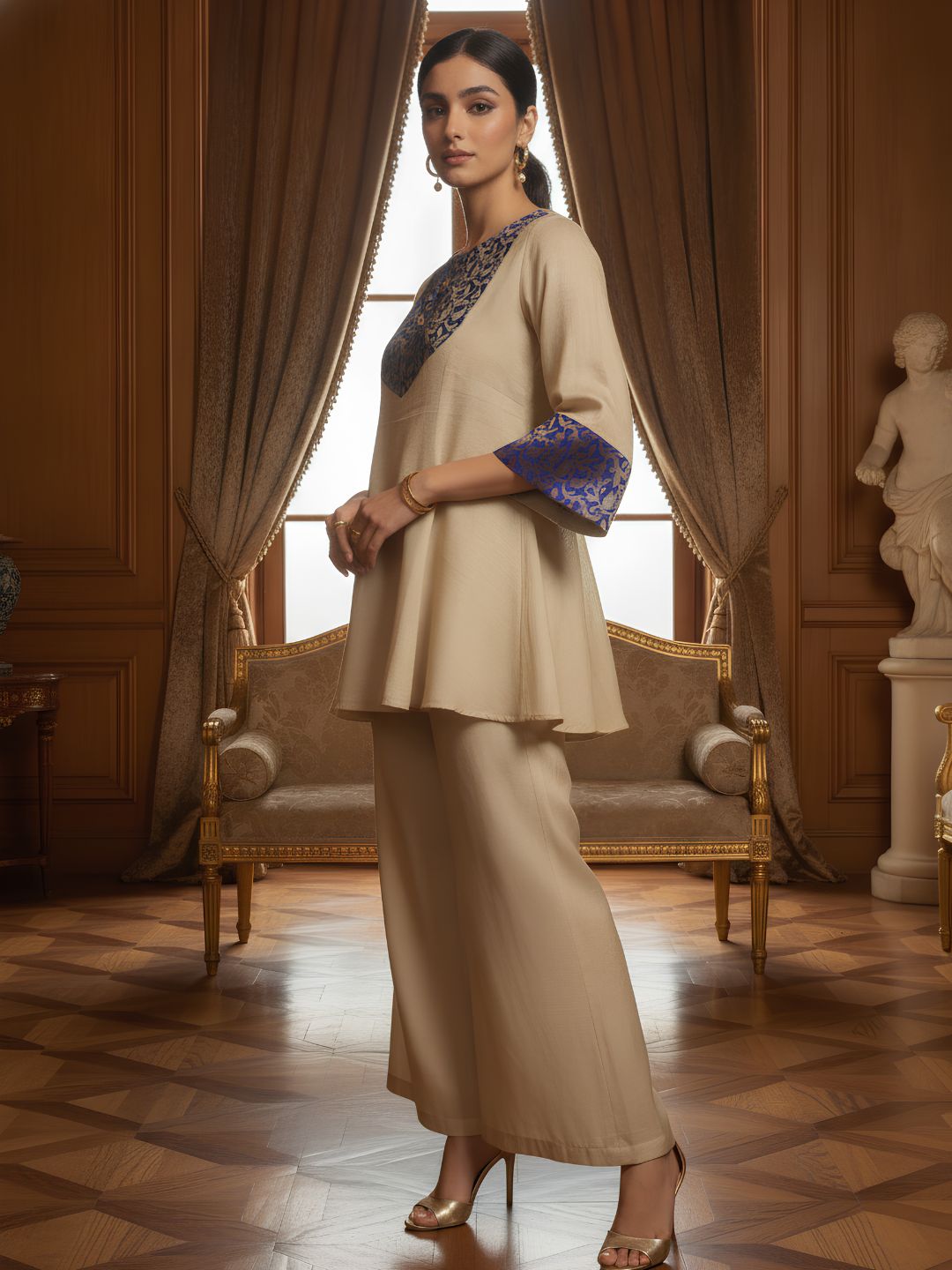 Elegant Beige Blue Embroidered Co-Ord Set for Women