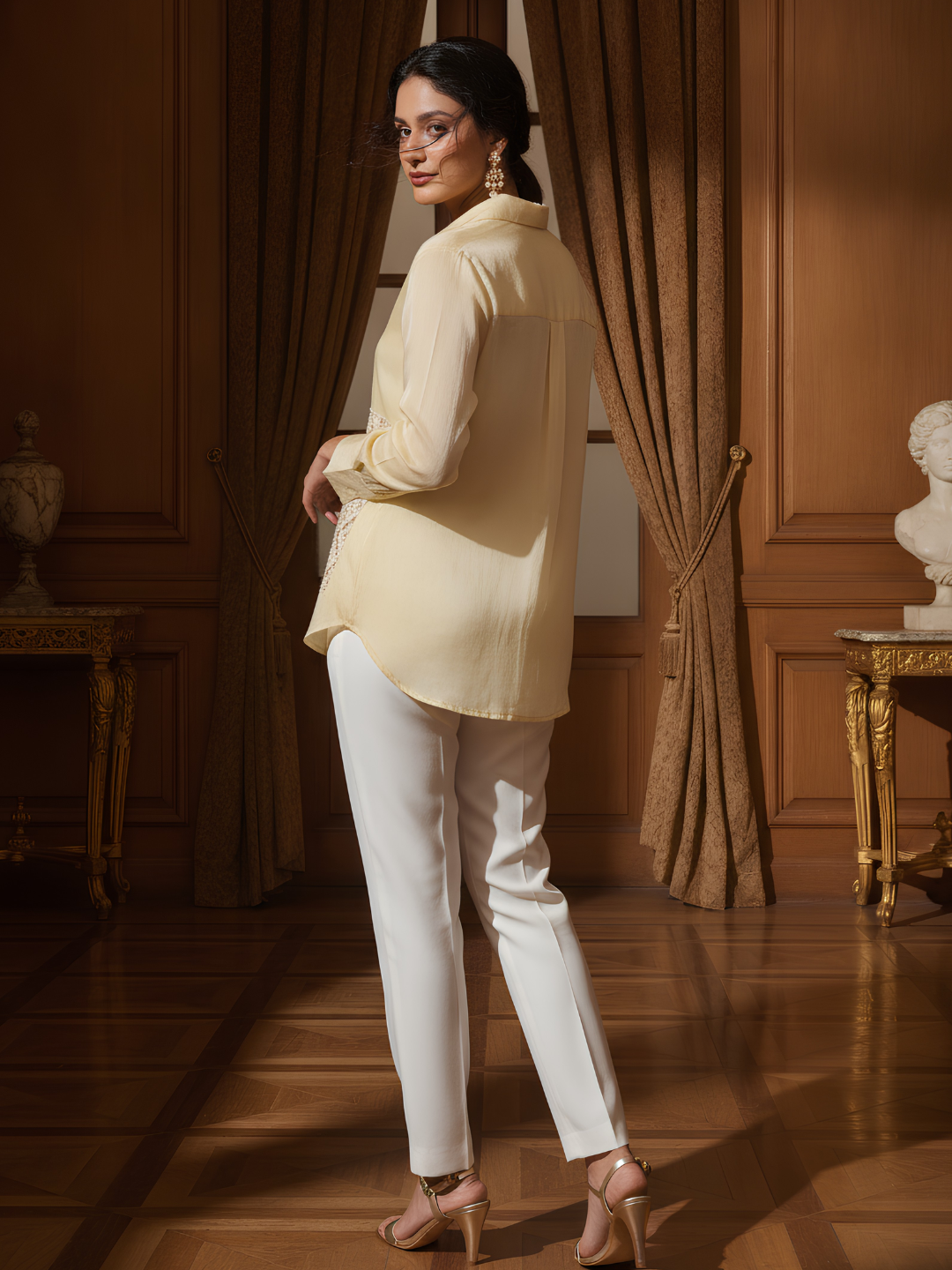 Women's Cream Solid Shirt with Sequin Patch Pockets