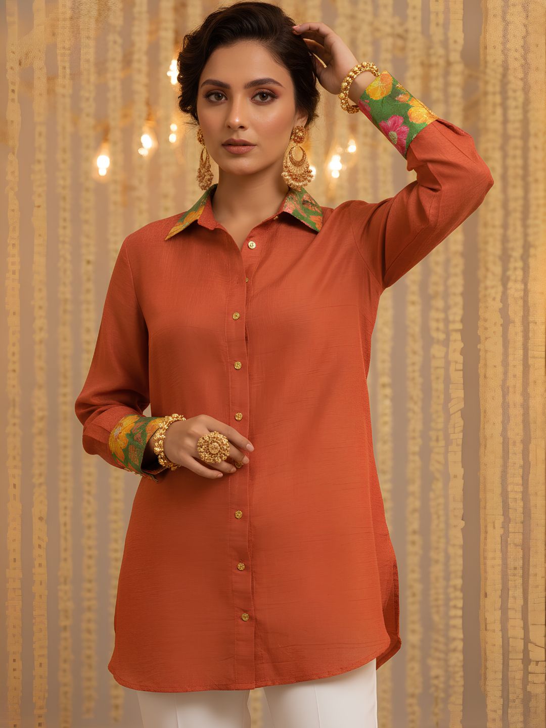 Women's Solid Rust Orange Button-Down Shirt with Printed Collar