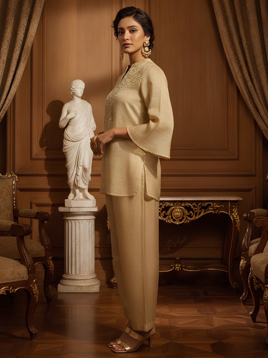 Elegant Beige Embroidered Co-Ord Set for Women