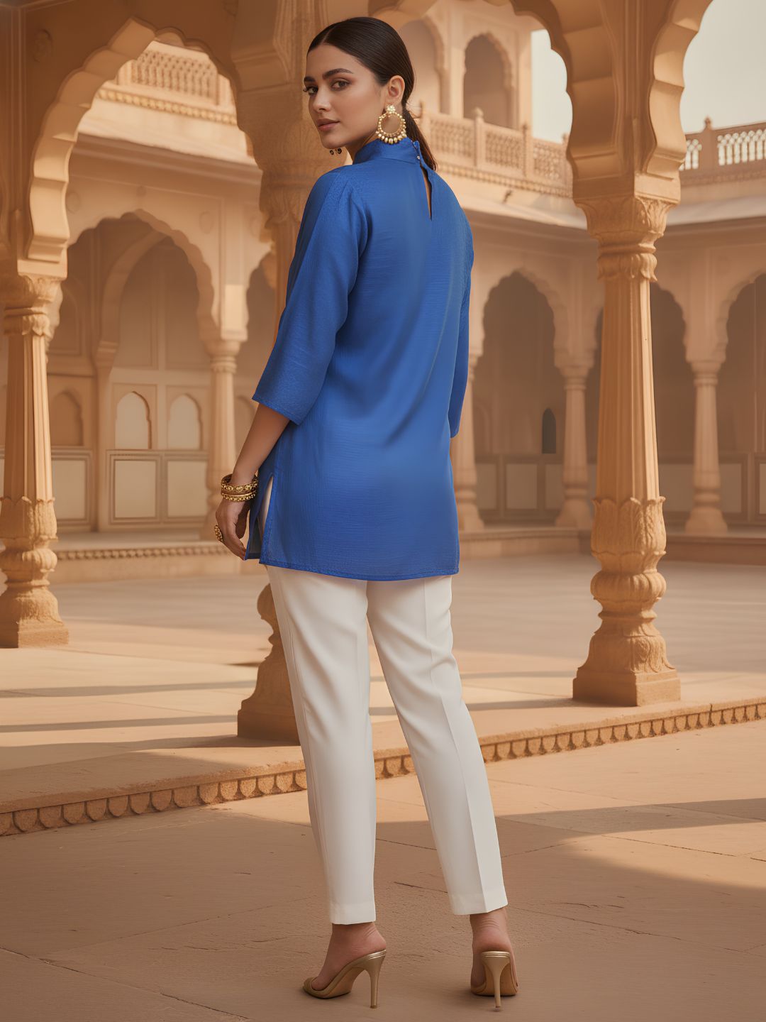 Women's Royal Blue Solid High Neck Longline Top