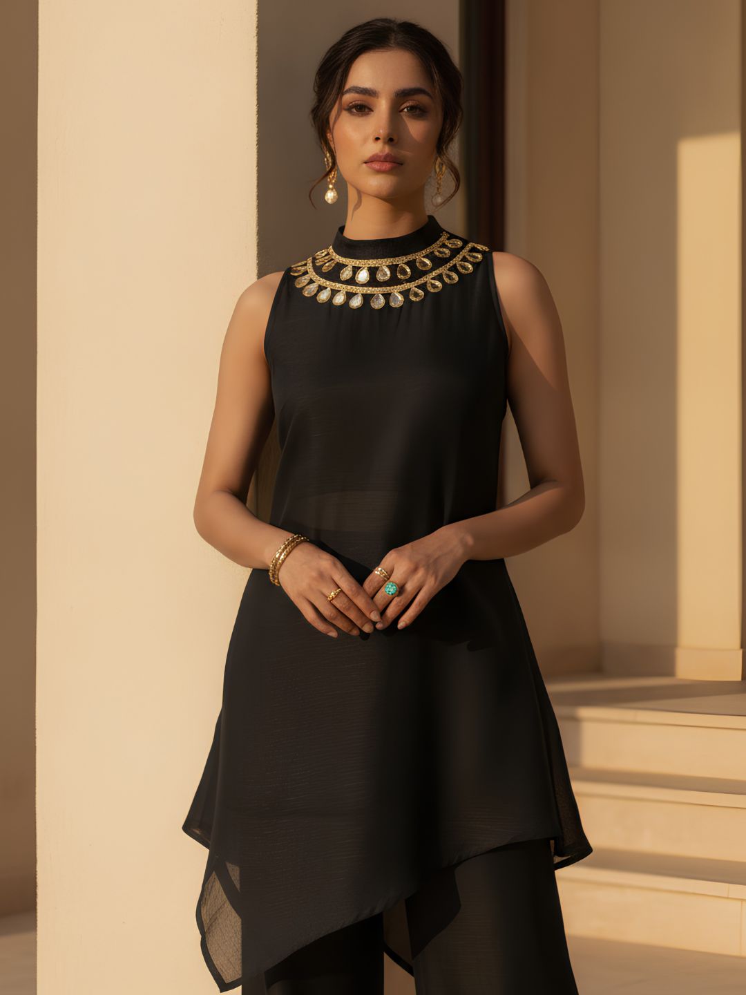 Luxury Black Asymmetric Co-Ord with Embellished Neckline