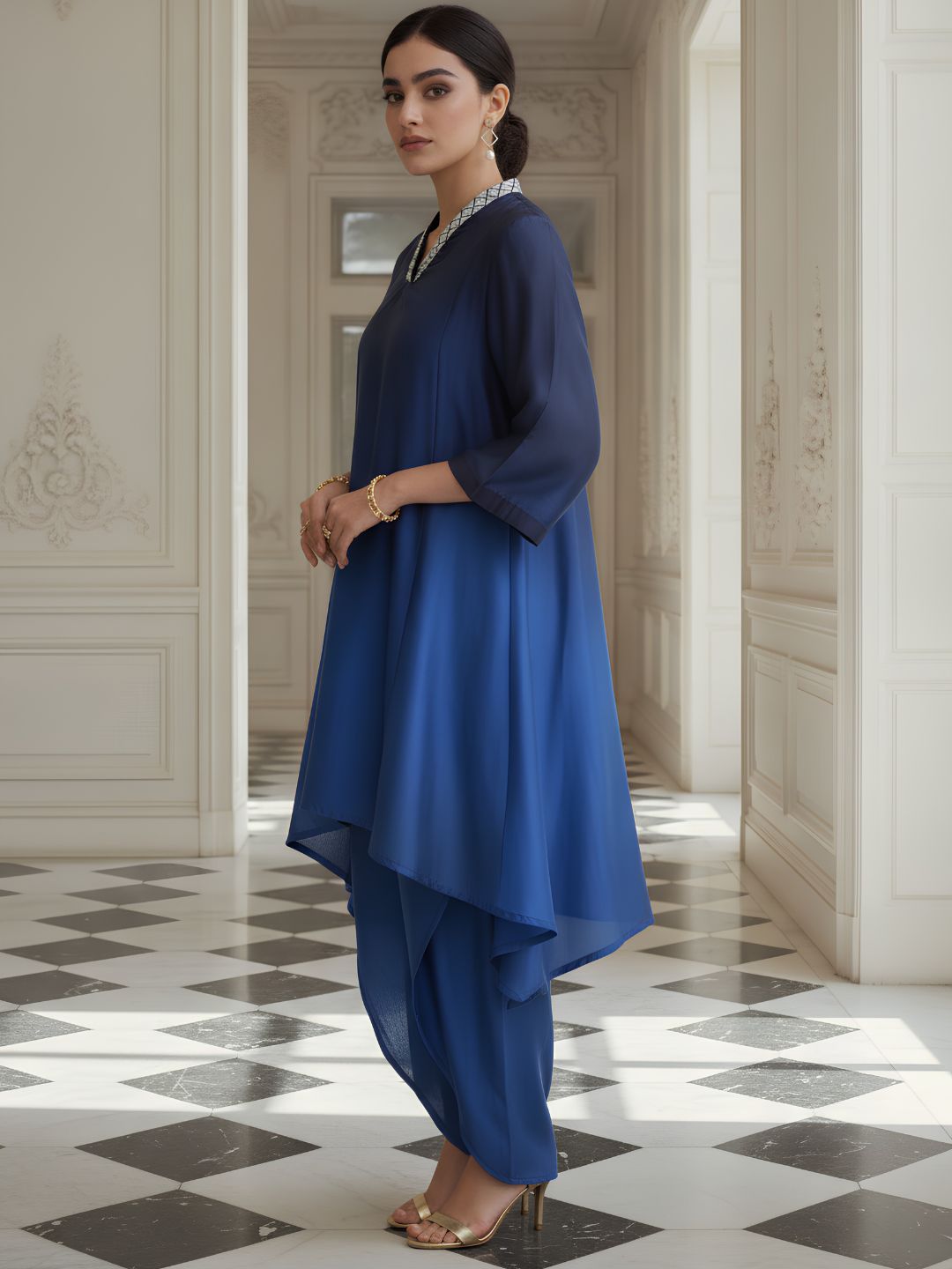 Elegant Royal Blue High-Low Co-Ord Set for Women