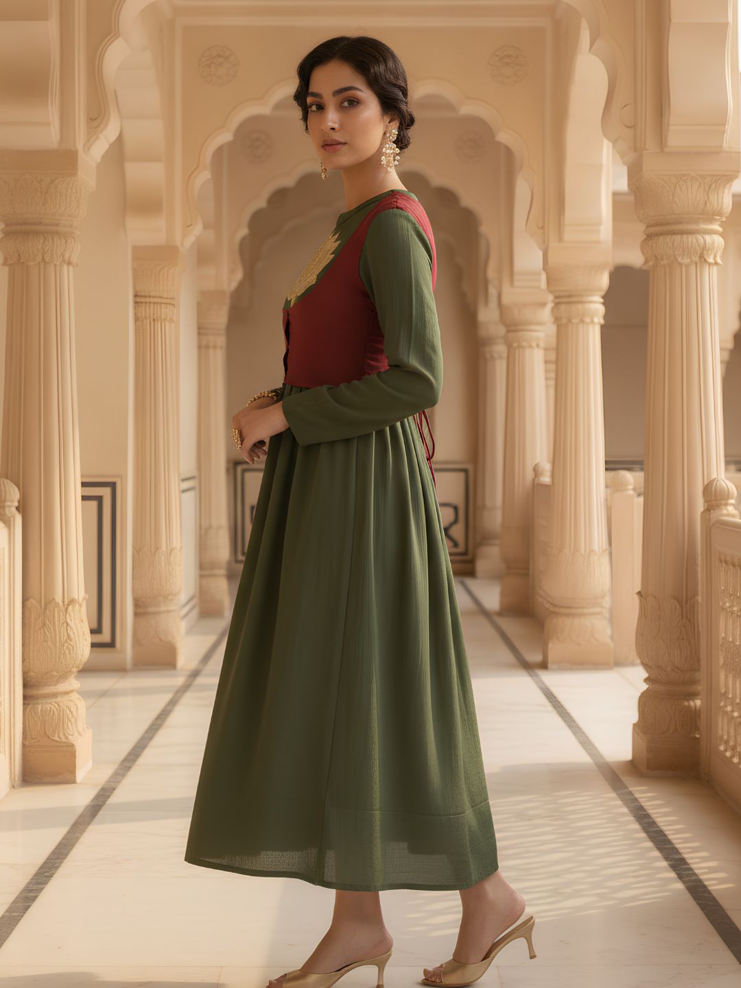 Women's Olive Green Ethnic Maxi Dress with Contrast Yoke
