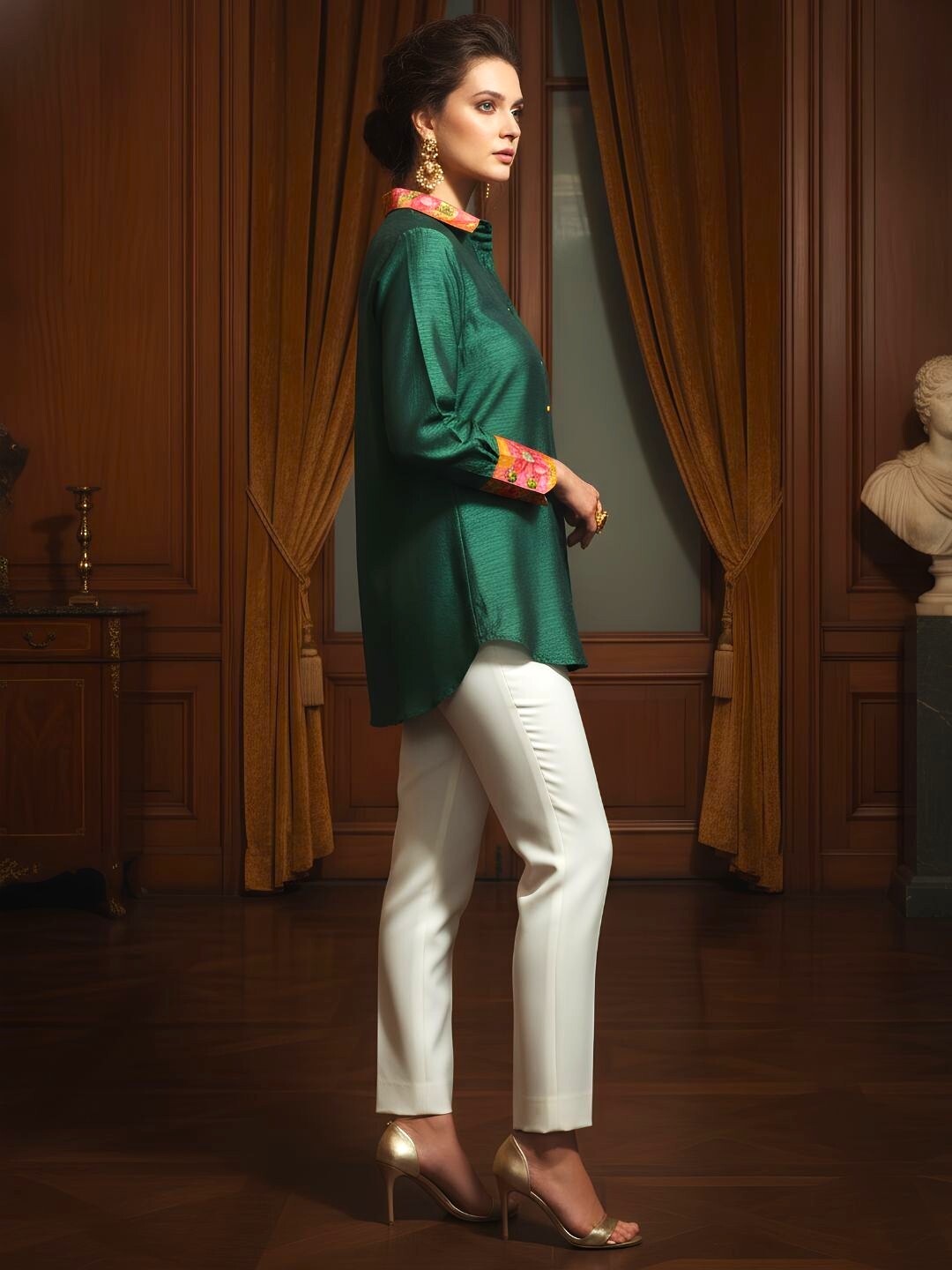 Women's Emerald Green Full Sleeve Shirt with Printed Collar