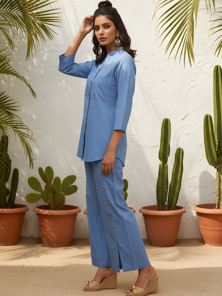 Elegant Stylish Blue Top & Wide Leg Pant Set