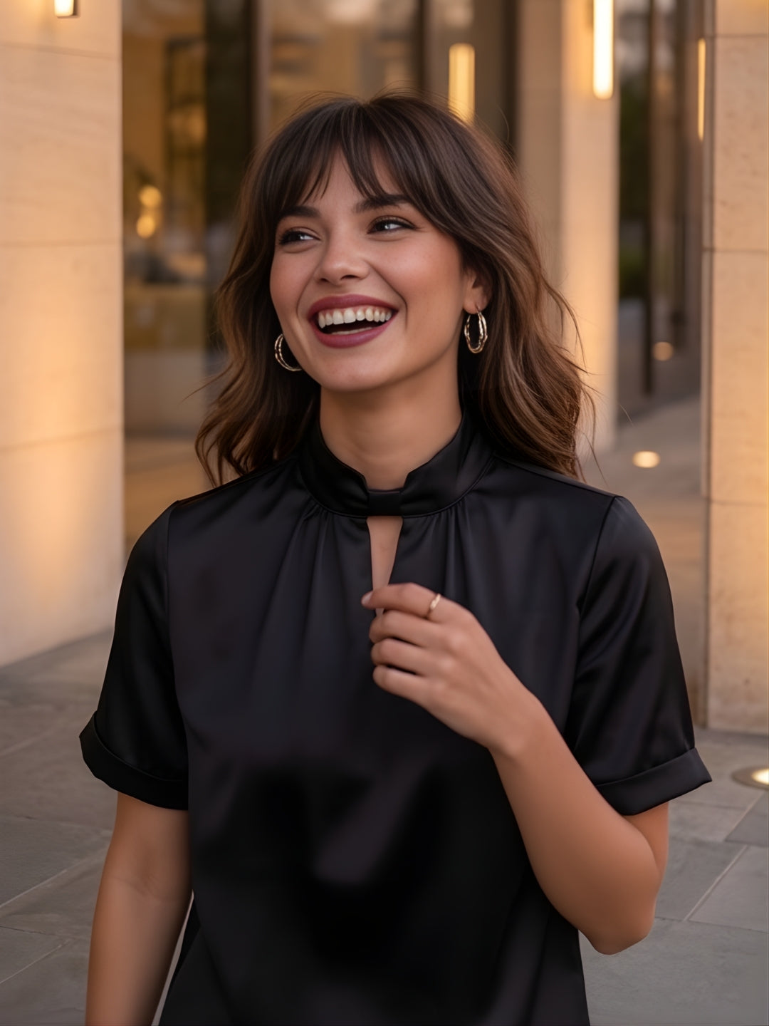 Women's Solid Black Short Sleeve Satin Top