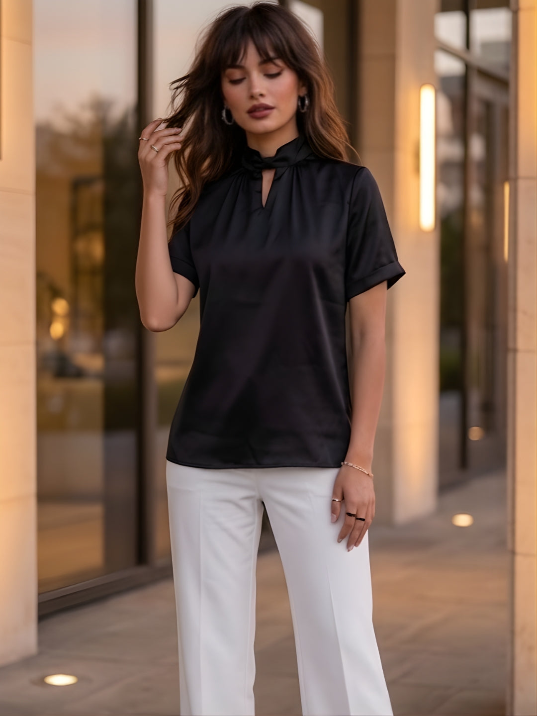 Women's Solid Black Short Sleeve Satin Top