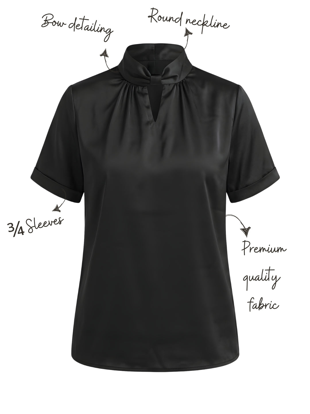Women's Solid Black Short Sleeve Satin Top