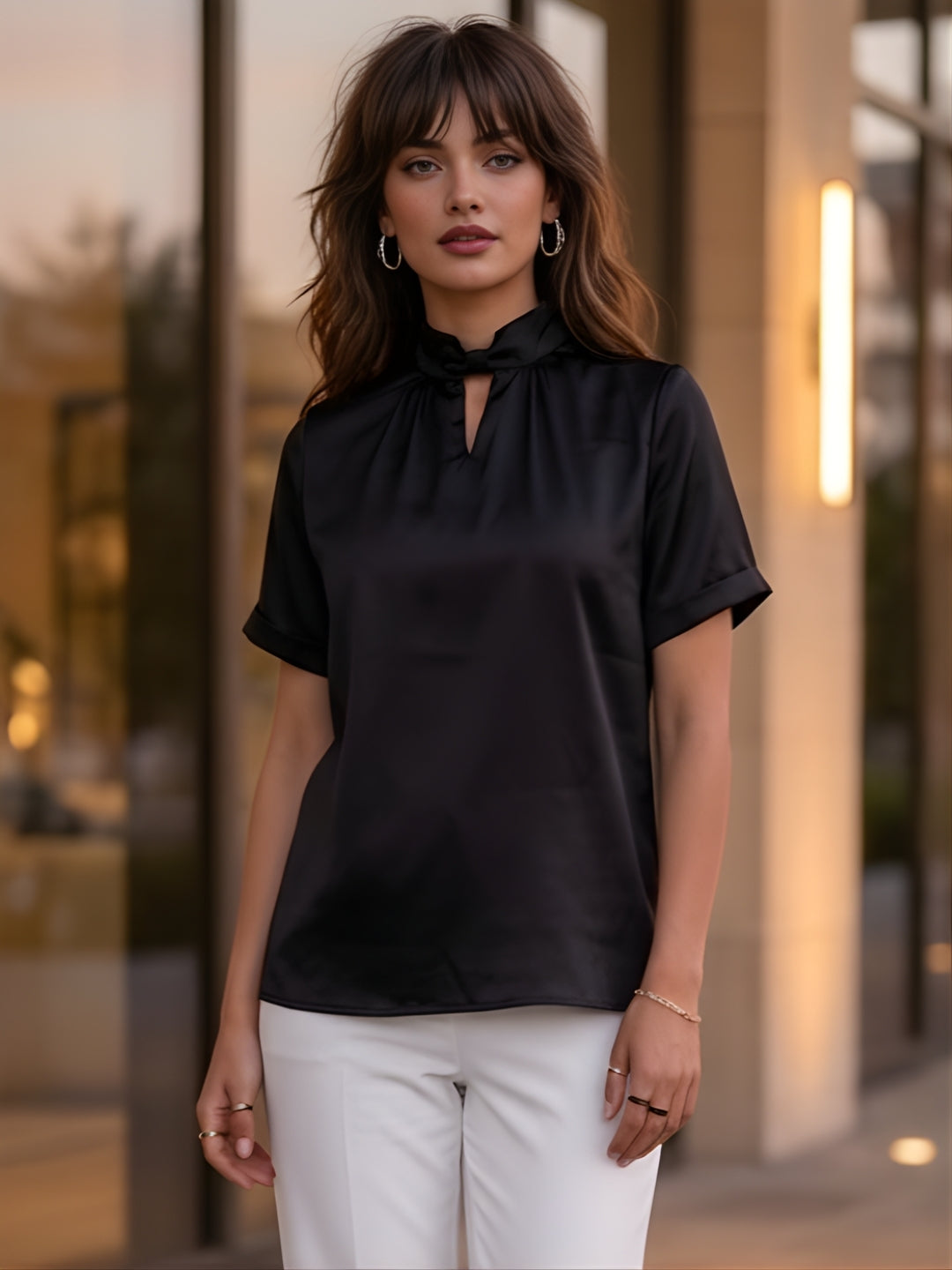 Women's Solid Black Short Sleeve Satin Top