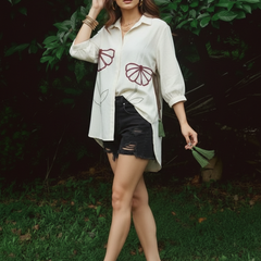 Elegant Cream Abstract Floral Casual Shirt