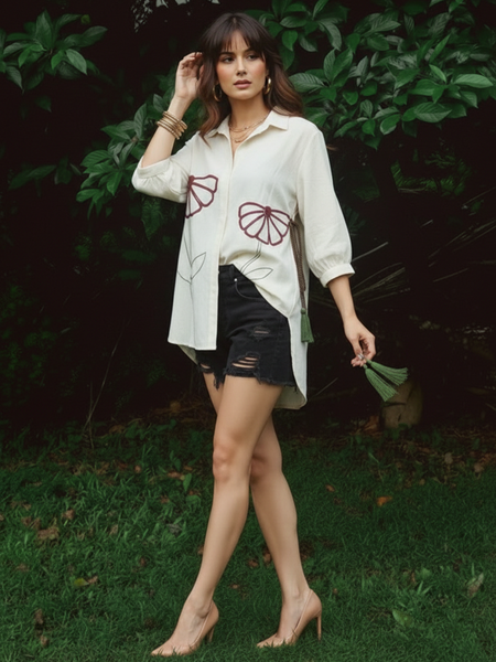 Elegant Cream Abstract Floral Casual Shirt